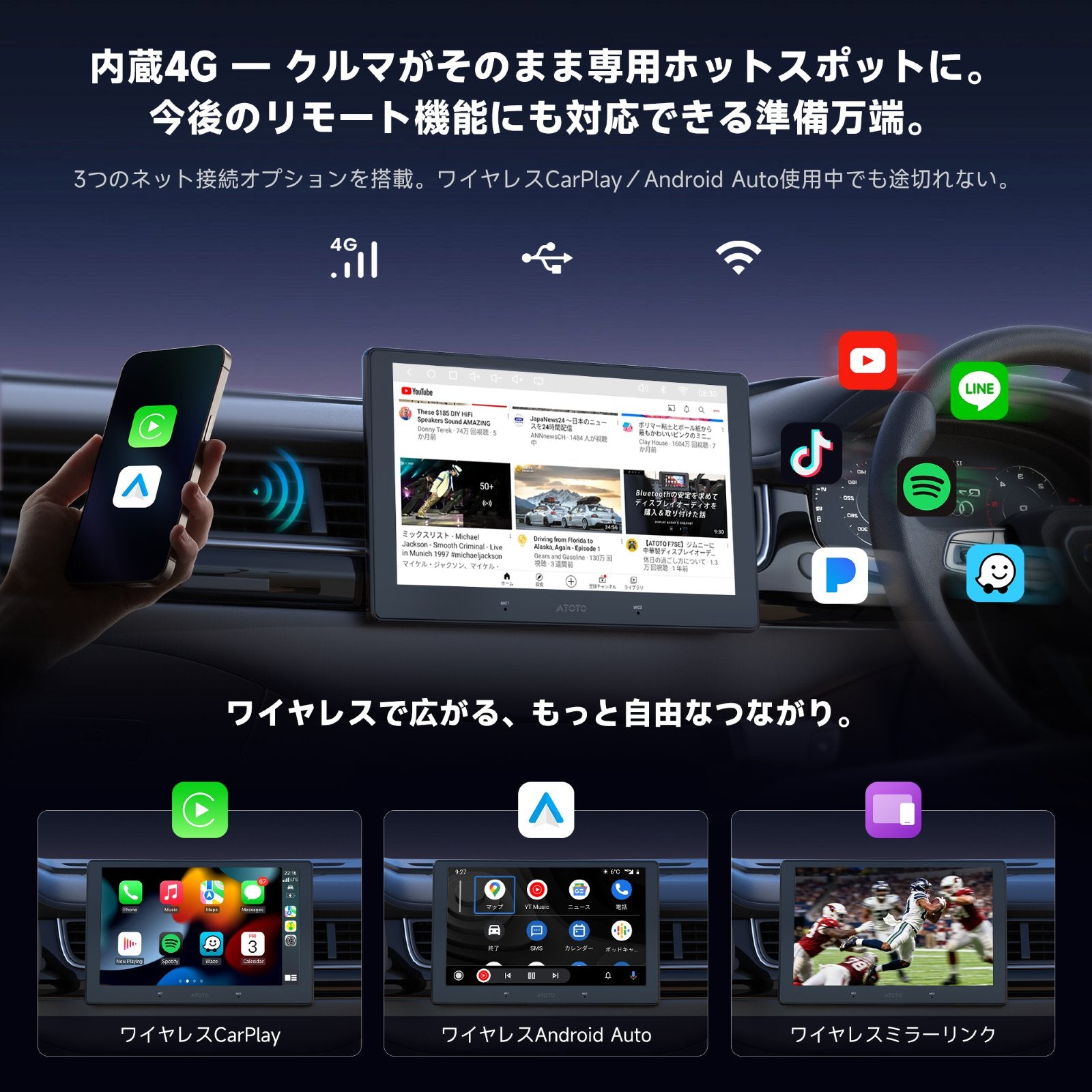 ATOTO S8 pro 新品　正規品カーナビ　アンドロイドオーディオ　carplay　保証１年付き！ ATOTO S8 10インチ 1Din/2Dinディスプレイオーディオナビ CarPlay 4G対応